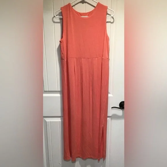 J. Jill Coral Sleeveless Empire Waist Pleated Jersey Knit Midi Tank Dress Size S - Picture 1 of 5